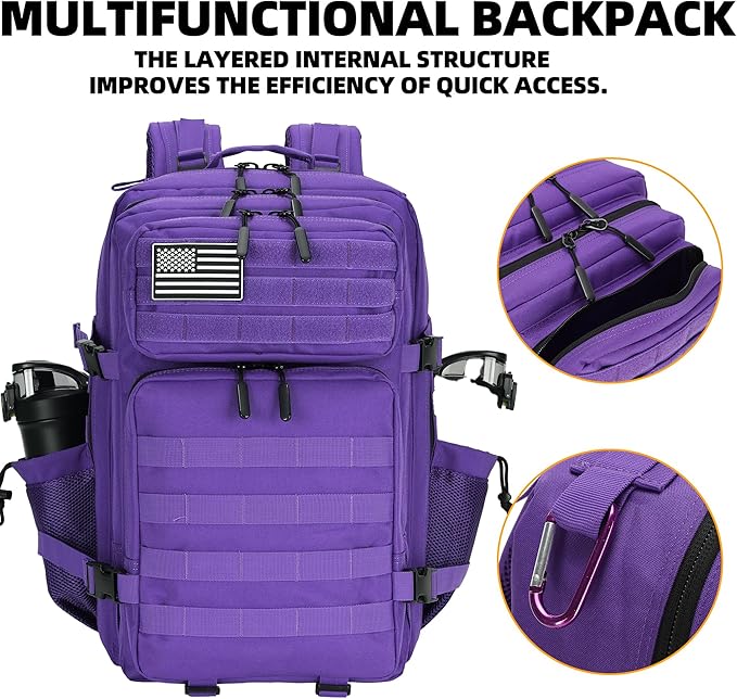 Lovelinks21 45L Tactical Assault Backpack 3 day assault pack with Molle Waterproof backpack Rucksack for Tactical Backpacks (Purple)