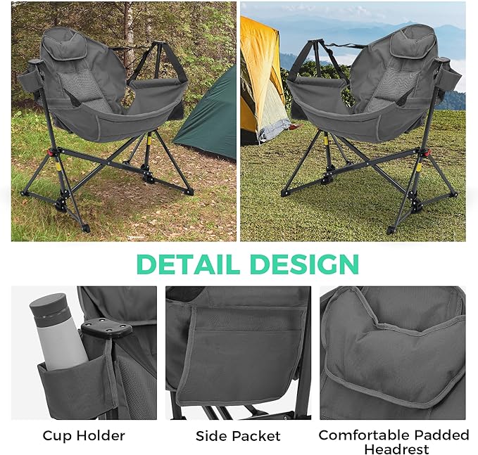 Ainfox Hammock Camping Chair, Foldable Portable Rocking Chairs for Adults Outside Swinging Camp with Cup Holder Pillow for Outdoor Patio Poolside (Grey)