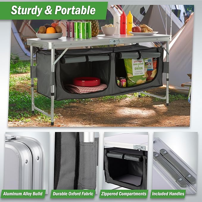 Folding Camping Table with Storage - Lightweight and Portable Aluminum Camp Table with Adjustable Height for Outdoor Travel, Beach, BBQ, Party, Picnic, and Glamping by Wakeman Outdoors