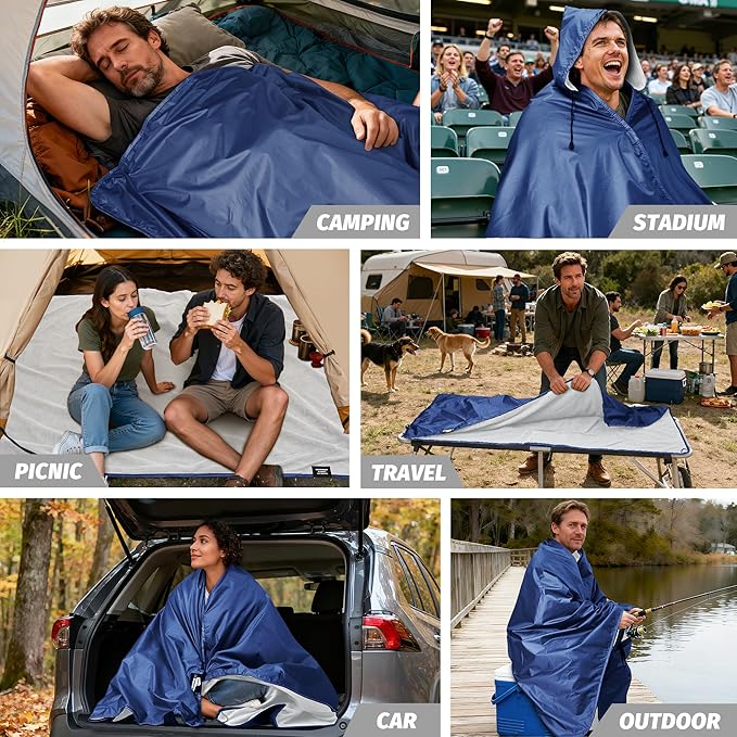 Fleece Waterproof Outdoor Blanket - Windproof Stadium Blanket for Camping, Picnics, and Sports Stay Dry and Comfortable 80"x 58"(Hoodeed, Blue)