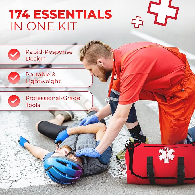 Fully Stocked EMT Trauma Bag – Tactical First Responder Medical Kit with Tourniquet, Vented Chest Seals, Hemostatic Gauze, Shears, Bandages & Bleeding Control Supplies – Red