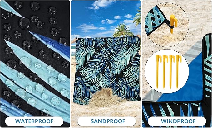 HIHOHO Beach Blanket Waterproof Sandproof Beach Mat 79”x 83” for 1-8 Adults Quick Drying Durable Outdoor Picnic Mat for Beach Festival Travel Camping Hiking (BK&GN-Palm, 79"×83"(4 Person))