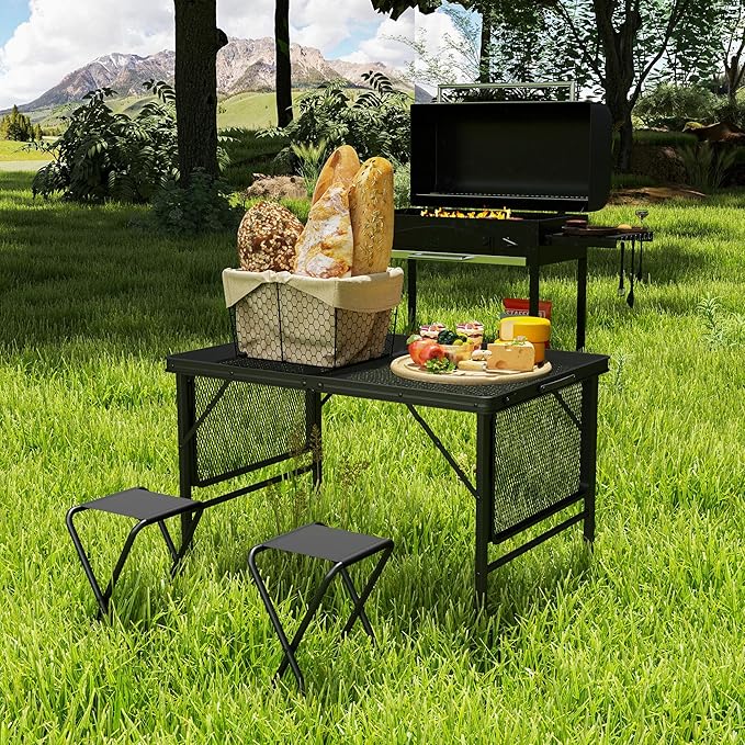 Outsunny Folding Grill Table, 4.5 ft Portable Camping Table with 2 Wing Panels, Height Adjustable Metal Outdoor Table with Mesh Desktop for Picnic, Beach, BBQ, Party, Black