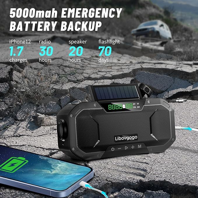 Emergency Radio Waterproof Bluetooth Speaker,Portable AM FM Radio with Flashlight,Reading Lamp,Hand Crank NOAA Weather Radio with Solar Panel,5000mAh/18500mWh Cell Phone Charger,Emergency Survival Kit
