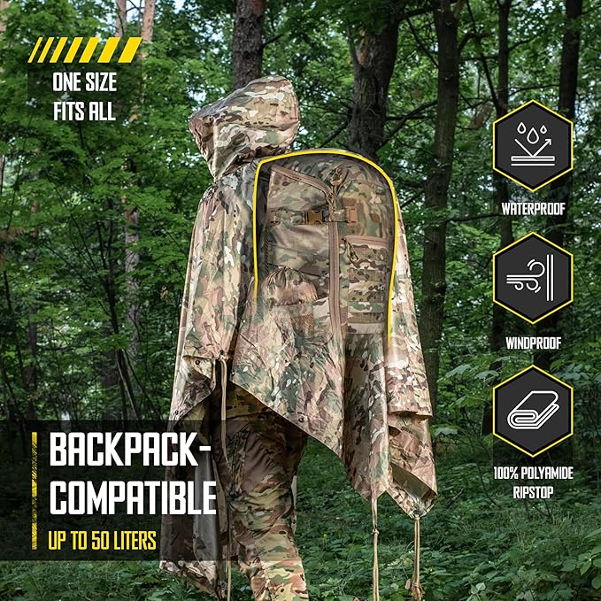 M-Tac Tactical Rain Poncho - Army Military Poncho Shelter - Waterproof Ripstop Camping Hiking Outdoor Hunting Rain Ponchos