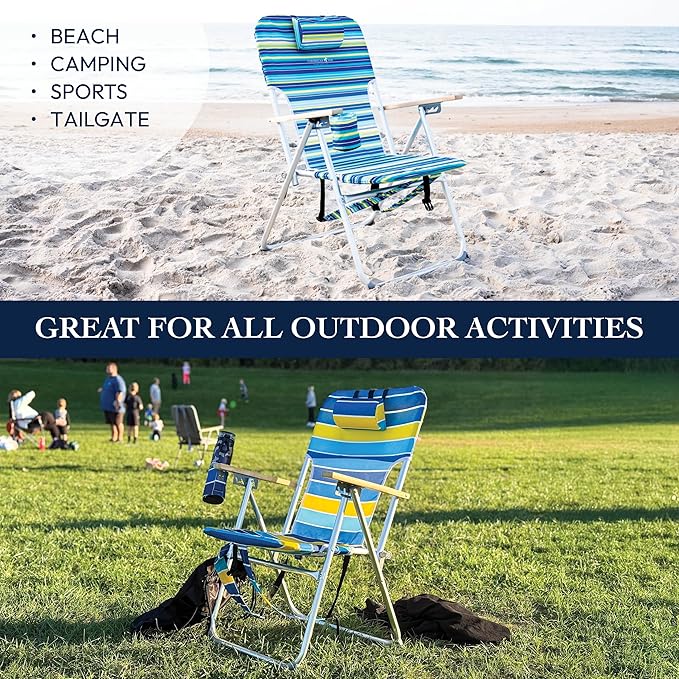 CARIBBEAN JOE Folding Beach Chair, 4 Position Portable Backpack Foldable Camping Chair with Headrest, Cup Holder, and Wooden Armrests