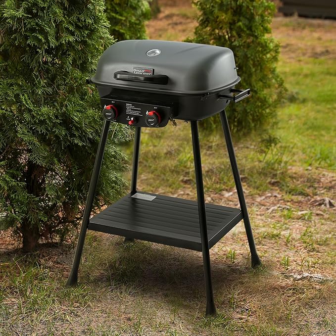 Royal Gourmet GT2003 Portable 2 Burner Propane Gas Grill with Stand and Warming Rack, 2-in-1 Grill Griddle Combo with 17,000 BTUs Output forCamping, Tailgating, Backyard, Gray