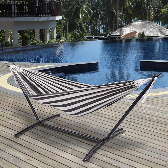 Prime Garden Hammock with Stand for Outside, Heavy Duty Space Saving Steel Stand with 450 lb Capacity,Double Hammock with Portable Carrying Bag, Hamacas para Adultos for Outdoors, Patio, Garden, Yard