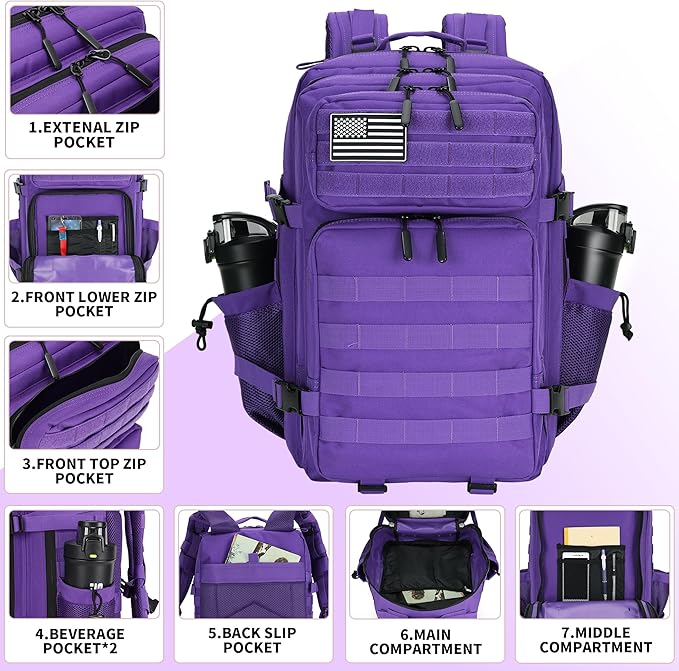 Lovelinks21 45L Tactical Assault Backpack 3 day assault pack with Molle Waterproof backpack Rucksack for Tactical Backpacks (Purple)