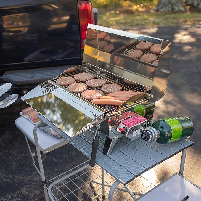 Camco Olympian Deluxe Portable Grill Table - Provides Plenty of Room for Grilling Gear While Camping - Folding Grilling Table Collapses for Compact Storage - Supports Up to 100lb (57293)