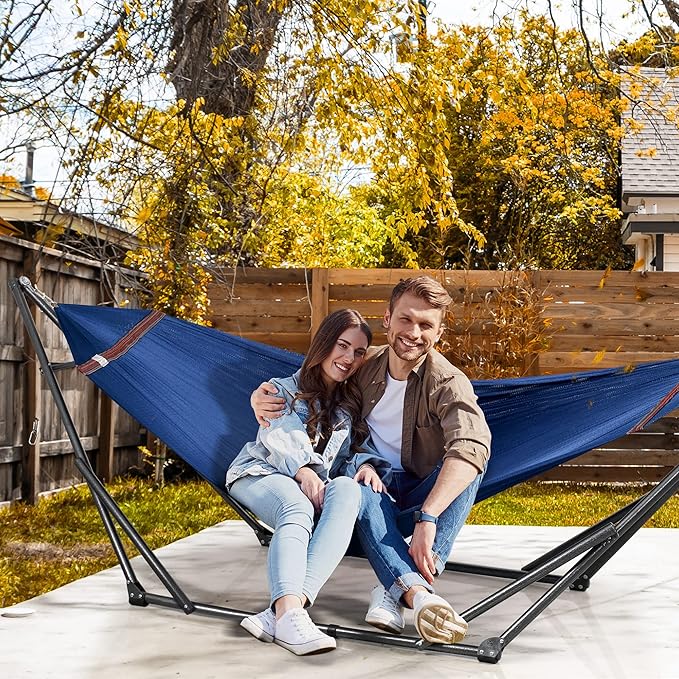 Tranquillo Combo x2 Hammocks with Stand for Outside & Tree Straps, Heavy Duty Hammock with Stand 600lbs for Indoor Outdoor Patio Backyard, x2 Hammocks for 2 Person, Portable Carrying Bags, Aegean