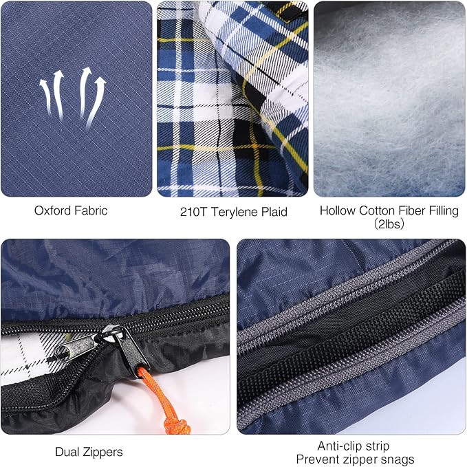 REDCAMP Flannel Sleeping Bag for Adults, Comfortable Cotton Sleeping Bags for Camping with Detachable Hood, Red/Grey/Blue/Black