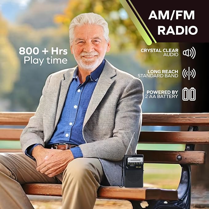 Coby Portable AM/FM Radio – Retro Battery Operated Pocket Radio with Powerful Speakers, Long 800-Hour Battery, Clear Reception, Emergency & Travel Transistor Device for Home or Outdoors