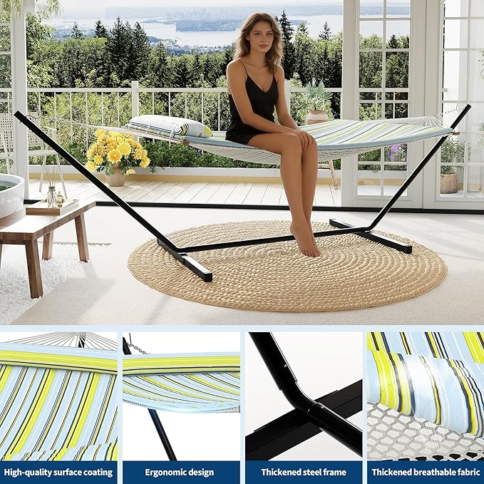 GarveeHome Double Hammock with Heavy-Duty Steel Stand, 2 Person Portable Hammock, 450LBS Max Weight Capacity, Easy Assembly, Ideal for Indoor, Backyard, Camping & Outdoor Use