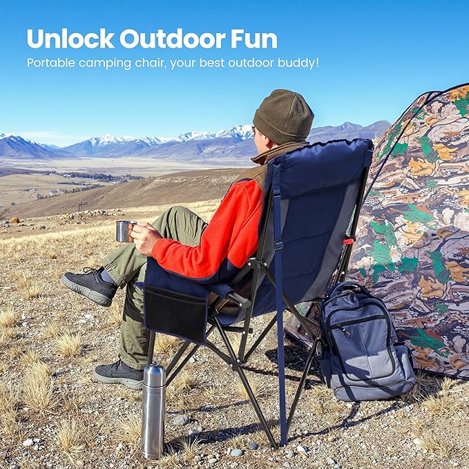HIGH POINT SPORTS Oversized Camping Chairs for Adults, High Back Heavy Duty Lawn Chair Support 500LBS, Padded Portable Collapsible Outdoor Chair with Cup Holder, Blue, 2 Pack