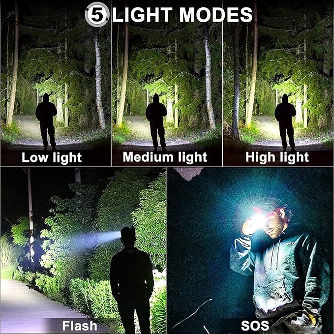 Bud K LED Headlamp USB Rechargeable, Head Lamp XHP70 Super Bright 90000 High Lumen with 5 Modes, Batteries Included, Zoomable, Waterproof Headlight for Camping Hunting Running Fishing Biking (Black)
