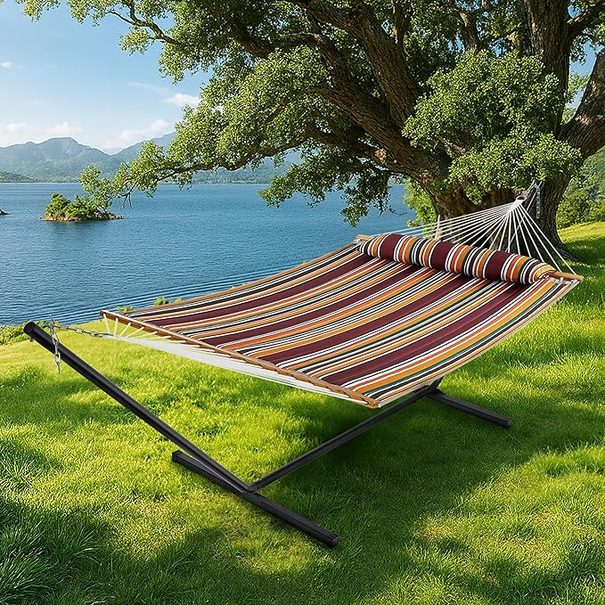 SUPERJARE Hammock with Stand, 2 Person Quilted Outdoor Hammock, Detachable Pillow & Bamboo Spreaders, Portable Hammock with Carrying Bag, Heavy Duty Stand, Perfect for Outside, Patio, Maple-Leaf Red