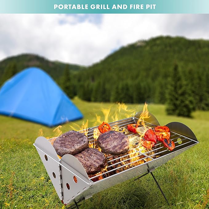 Vaygway Flatpack Portable Foldable Stainless Steel Grill and Fire Pit- Premium Quality Portable Travelling BBQ Grill- Wood Burning Charcoal Grill- For Camping, Hiking, Picnics (2 Pack)