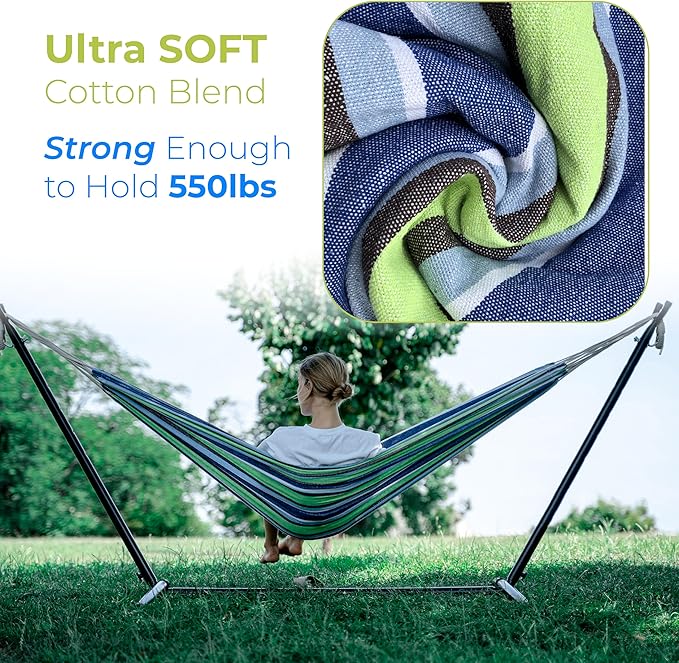 Backyard Expressions Double Camping Hammock with Steel Stand & Carrying Bag, Adjustable Height, Ultra Soft Cotton Blend, 550 lb Capacity, Indoor & Outdoor Portable Hammock
