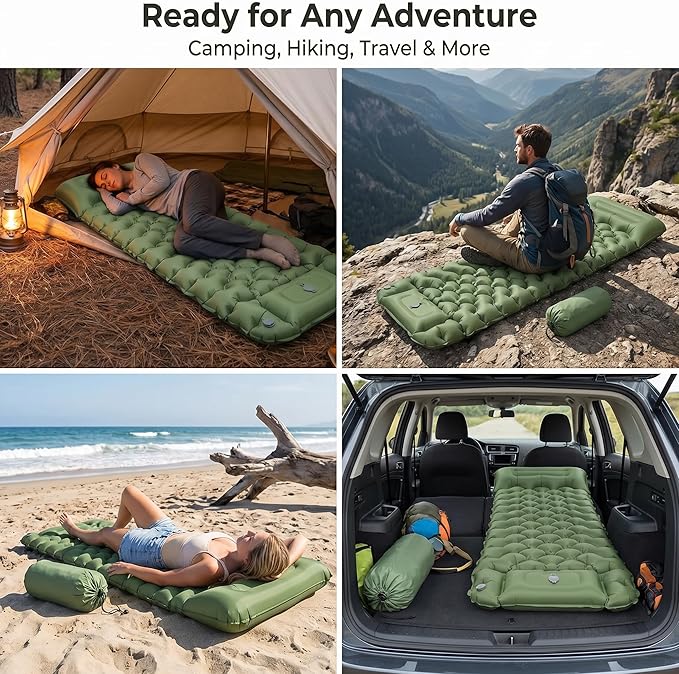 Sleeping Pad, 4” Thick Backpacking Sleeping Pad with Built-in Foot Pump & Pillow, Ultralight Self Inflating Air Mattress Camping Mat for Hiking, Tent,Travel Gear (Green)