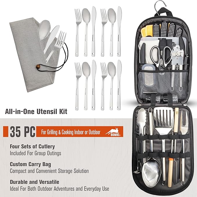 BOMKI Grilling and Camping Cooking Utensils Set for The Outdoors BBQ - Camping Utensil Set Kitchen Set Cookware Accessories Glamping Essentials Camp Stuff Camp Cooking Set (Black Pro)