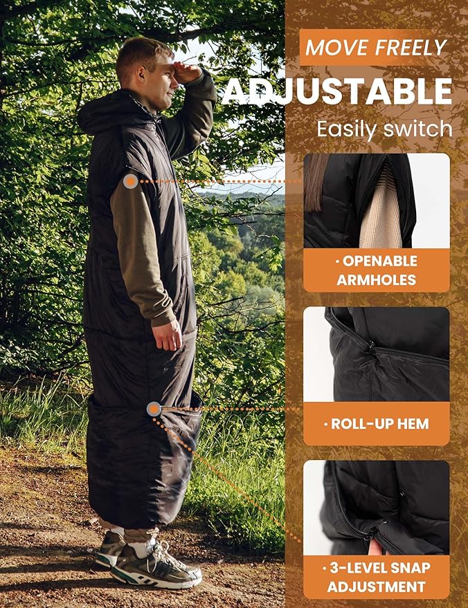 Adult Wearable Sleeping Bag with Hoodie, Sleeveless Design Adjustable Drawstring Waterproof Wearable Sleeping Bag Ideal for Camping, Cold Weather