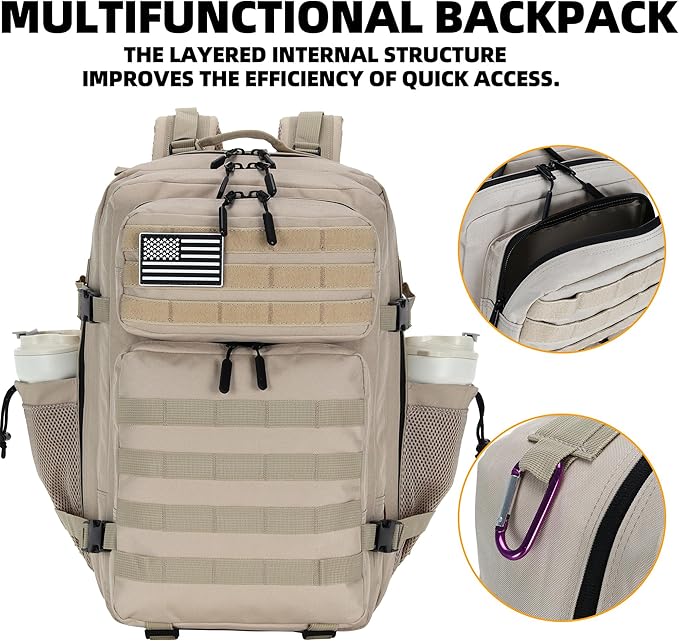 Lovelinks21 45L Tactical Assault Backpack 3 day assault pack with Molle Waterproof backpack Rucksack for Tactical Backpacks (Light Khaki)