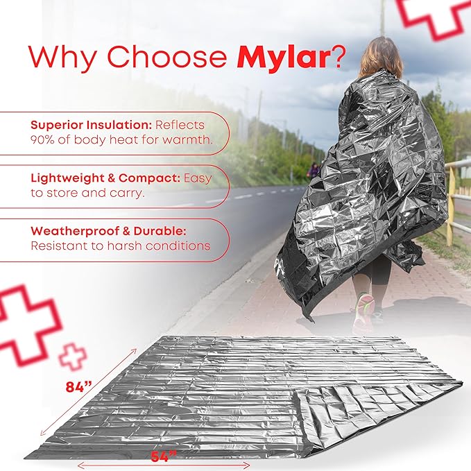 Ever Ready First Aid Mylar Rescue Blanket, Large Silver Thermal Sheet for Emergency and Survival, 54” x 84” – 20 Count