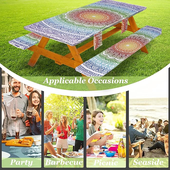 Picnic Table Cover with Bench Covers Vinyl Elastic Edges Fitted Rectangle Seat Tables Waterproof 3-Piece96X30in Set Outdoor Rectangular Folding Backing Tablecloth for Camping Over Size