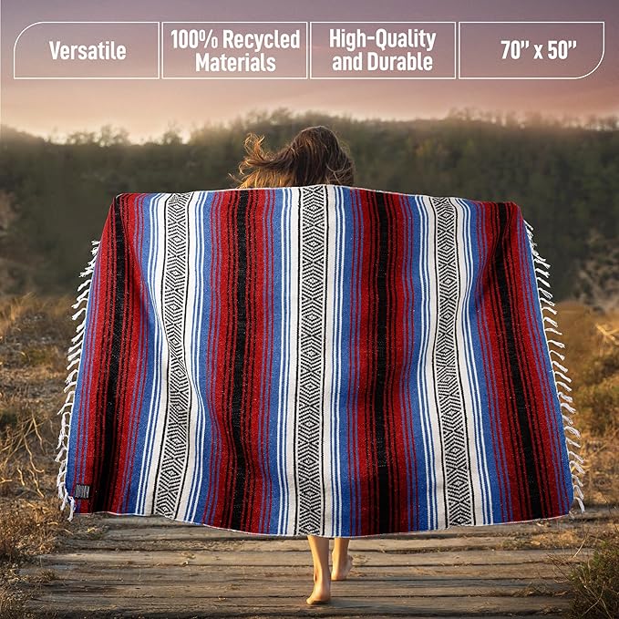 Hydration Nation Authentic Large Handwoven Mexican Striped Throw Blanket - Soft, Durable, Eco-Friendly - 70"x50" - Mariner