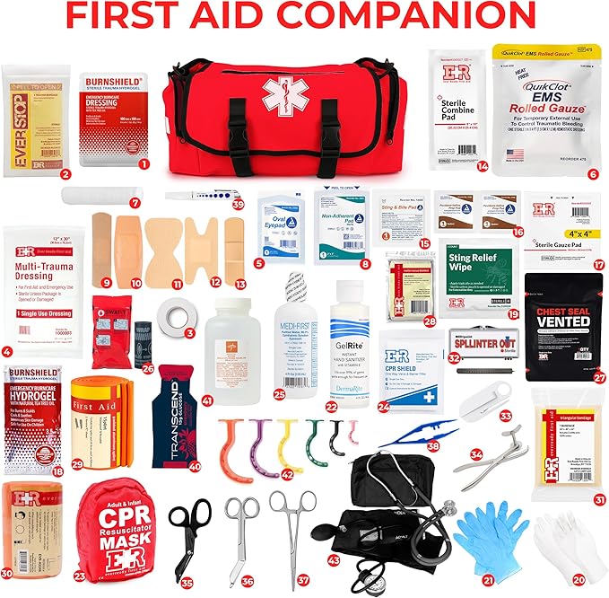 Fully Stocked EMT Trauma Bag – Tactical First Responder Medical Kit with Tourniquet, Vented Chest Seals, Hemostatic Gauze, Shears, Bandages & Bleeding Control Supplies – Red