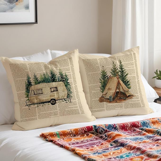Vintage Camping Pillow Covers 18x18 Set of 2, Gifts for Campers Camping Lovers, Retro Forest Camper Camp Decorative Throw Pillow Covers for Couch Sofa Bedroom Living Room Home