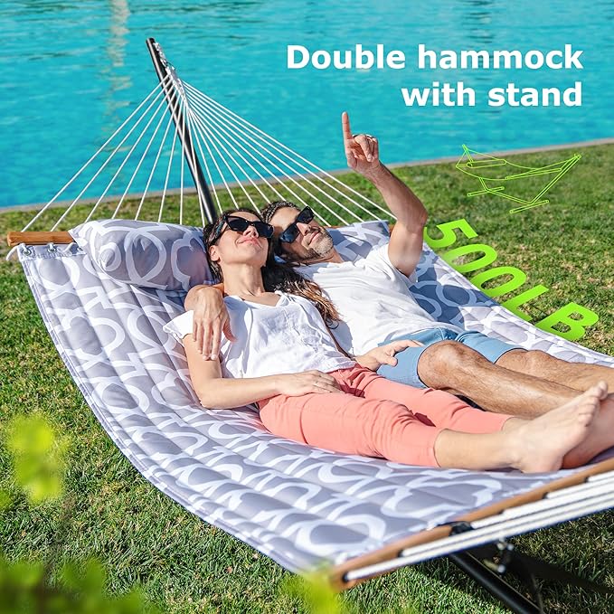ANAGOO Double Hammock with Stand, Heavy Duty Outdoor Hammock for Two, 500 LBS Capacity, Stable Steel Frame with Balance Strap, Easy Tool-Free Assembly for Patio, Garden, Backyard & Beach,Round Gray