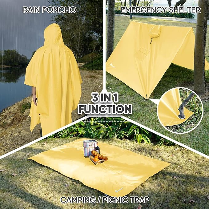 PTEROMY 3-in-1 Hooded Rain Poncho for Adult with Pocket, Waterproof Lightweight Unisex Raincoat for Hiking Camping Emergency
