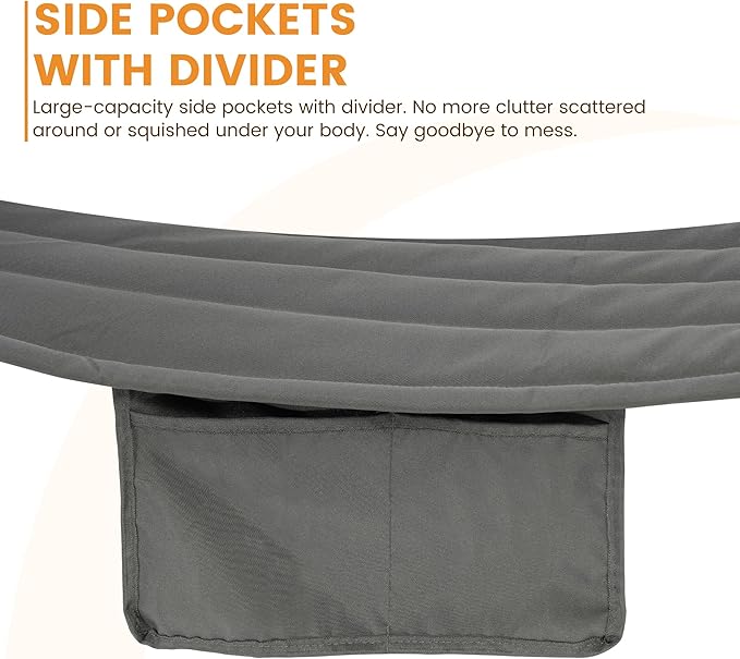 Lazy Daze Hammocks 2 Person Double Quilted Fabric Hammock with Spreader Bar, Detachable Pillow, Side Pocket, Carabiners, Chains, Straps for Outdoor, 450lbs Capacity, Grey