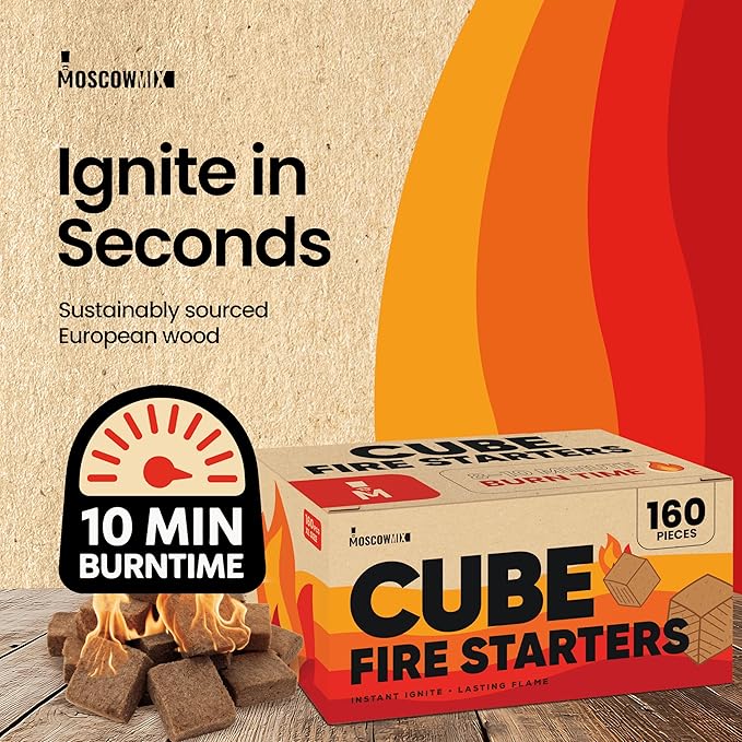 Moscow-Mix Fire Starter Cubes (160 PCS) Bulk Fire Starters for Grill, Campfires, Fireplace, Charcoal Starter, BBQ, Wood Stove, Fire Pits - Lighter Cubes - Odorless, Waterproof, Fire Starter Squares