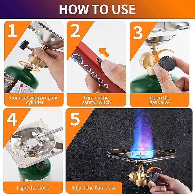 Propane Cylinder Top Stove with Adjustable Burner, 10000BTU Portable Camping/Backpacking Cooker,Camping Stove Propane,Single Burner Propane Stove with a USB Ligther,Camp Gas Stove(Fuel not included)