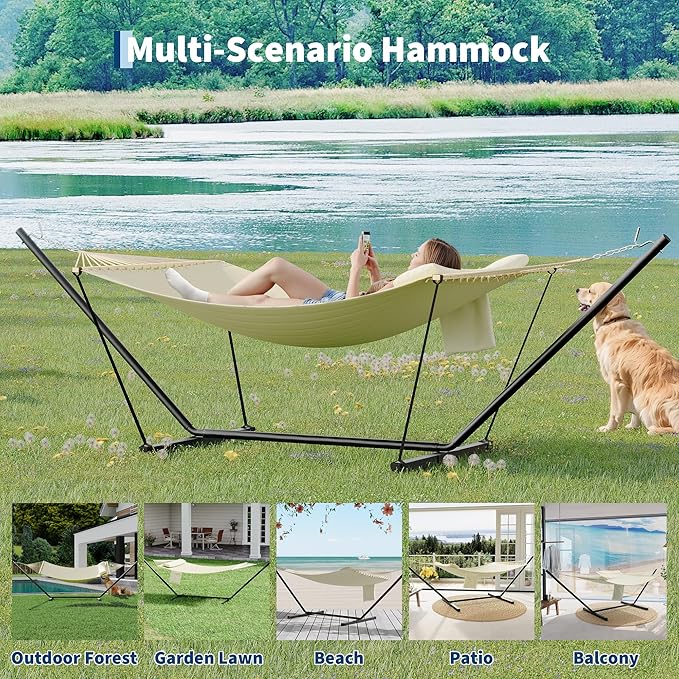 Garvee Double Hammock with Stand for Outdoor, Heavy Duty Portable 2 Person Hammock with Adjustable Steel Stand for Patio, Garden, Beach, Backyard