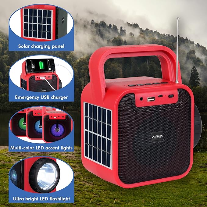 Jensen JEP-175 Portable Rechargeable Bluetooth Speaker with FM Radio, Flashlight, Solar Panel, and USB Port, Red, JEP-175