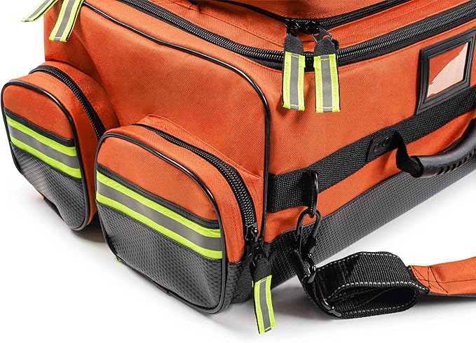 Scherber First Responder O2 Bag | Ultimate Professional EMT/EMS Trauma Oxygen Kit | Durable Reflective 600D Water Repellant Bag w/10+ Compartments, Zippered Pockets, Dividers & Padded Strap - Orange