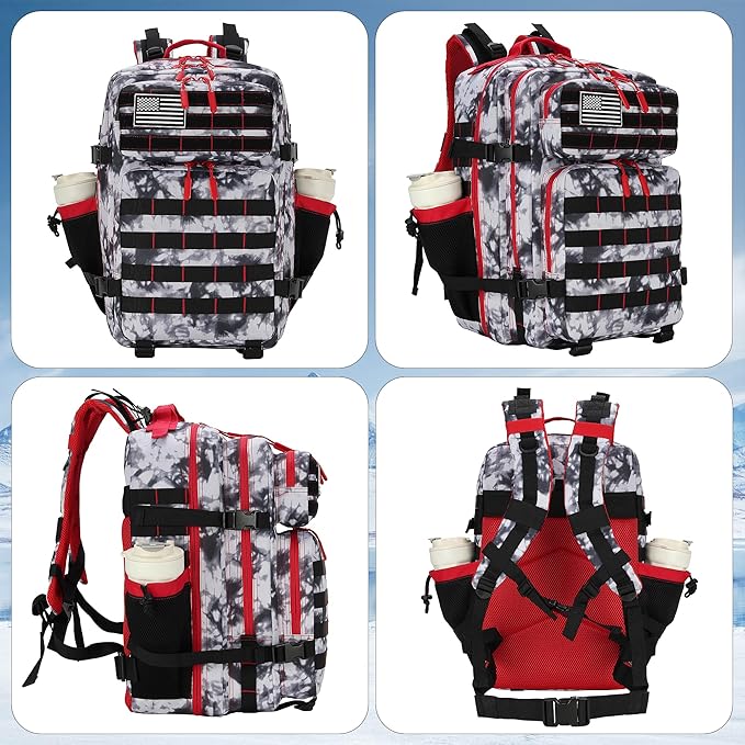 Lovelinks21 45L Tactical Assault Backpack 3 day assault pack with Molle Waterproof backpack Rucksack for Tactical Backpacks (Black White Red)