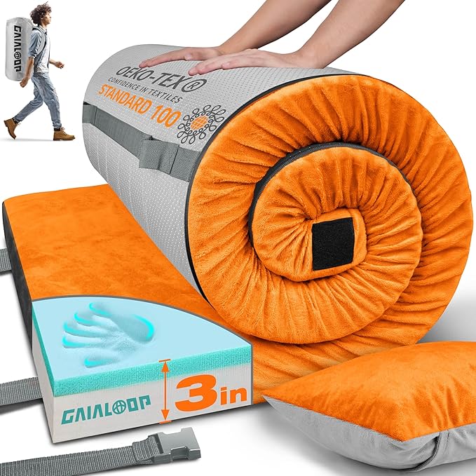 GAIALOOP 3 Inch Memory Foam Camping Mattress, Dual Layer Thick Sleeping Camp Pad for Car Tent Cot, Roll-Up Portable Glamping Floor Bed for Guests Sleepover