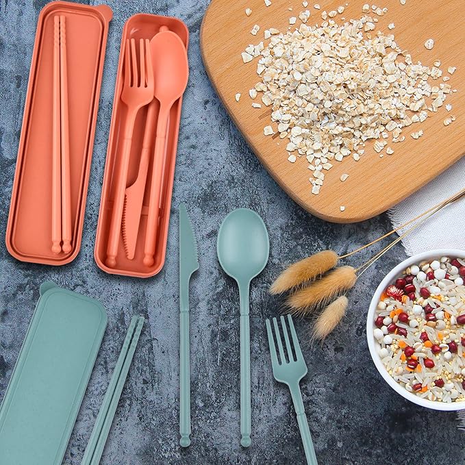 Camping Utensil Set, Reusable Utensils Set with Case, Plastic Cutlery Set Forks Spoon Tableware Chopsticks, Portable Cutlery Set for Travel Picnic Camping or Daily Use (Dark Green)