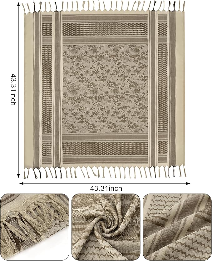 Aonal Military Shemagh Tactical Desert Scarf, 100% Cotton Keffiyeh Neck Head Scarf Wrap for Men Women