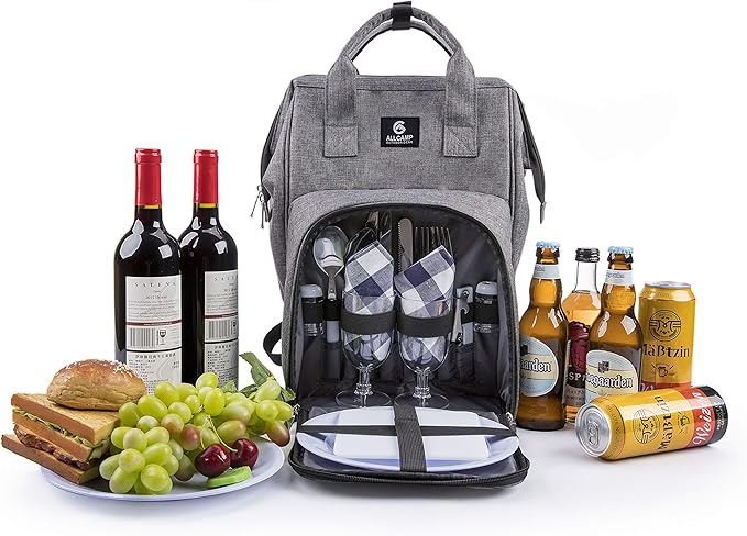 ALLCAMP Picnic Backpack for 2 Person - Insulated Cooler Bag with W/Fleece Blanket, Plates and Cutlery Set, for Family Outings, Couple Gifts