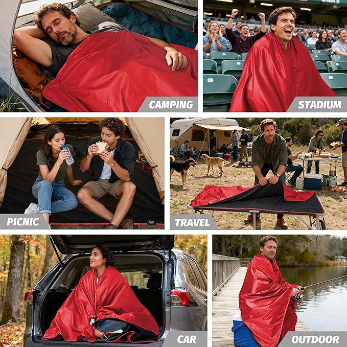 Fleece Waterproof Outdoor Blanket - Windproof Stadium Blanket for Camping, Picnics, and Sports Stay Dry and Comfortable 80"x 58"(Red)