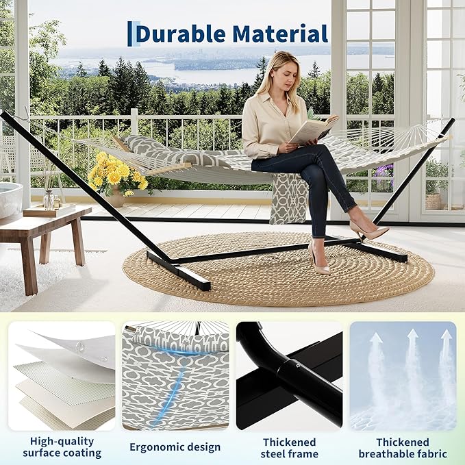 Garvee 2 Person Outdoor Hammock with Stand, Heavy Duty Portable Double Hammock with Balance Rope, MAX 450 LBS Capacity for Patio, Backyard, Garden, Beach