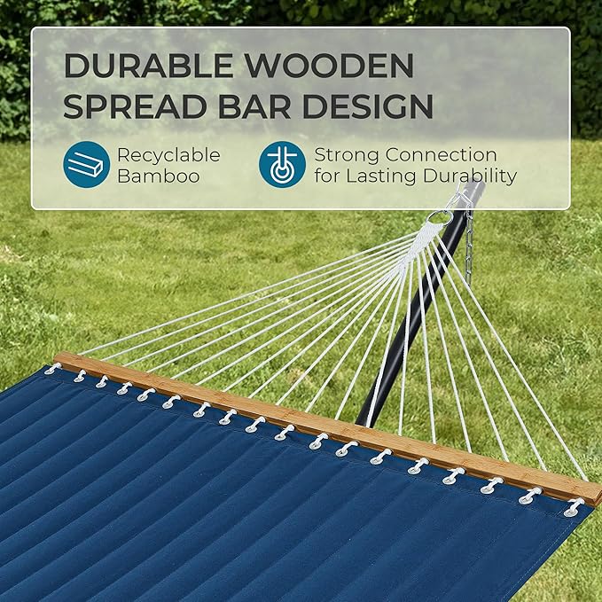 SUPERJARE Hammock with Stand, 2 Person Quilted Outdoor Hammock, Detachable Pillow & Bamboo Spreaders, Portable Hammock with Carrying Bag, Heavy Duty Stand, Perfect for Outside, Patio, Navy Blue