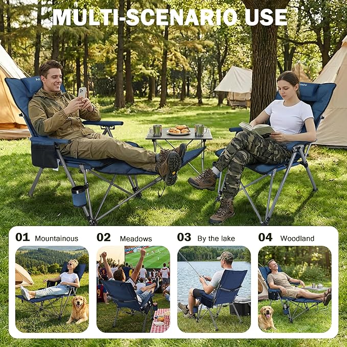 Folding Camping Chair for adults-3-in-1 Heavy Duty Foldable Camp Chair with Detachable Footstool, Padded Pillow, Cup Holder & Carry Bag,5-Speed Adjustable,400 LBS Capacity