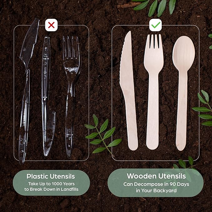 PURPLECLAY Wooden Disposable Utensils Set, 300 Pieces | Wrapped Utensils and Napkins, 100 Sets | Compostable Silverware for Parties | Eco Friendly, Plastic-Free Alternative to Bamboo Cutlery